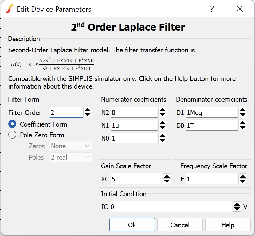 2nd-order Laplace Transfer Function block property for Gid simulation