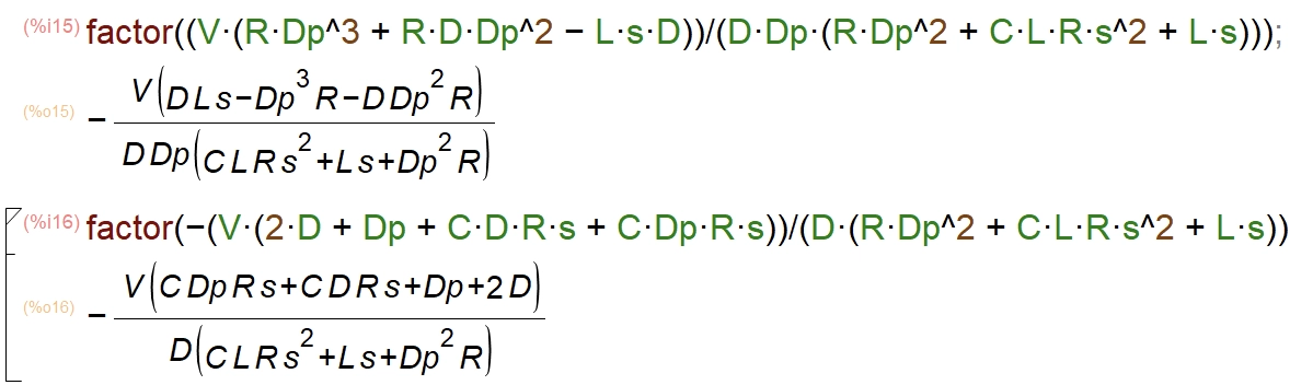 Gvd and Gid transfer function simplified results from wxMaxima