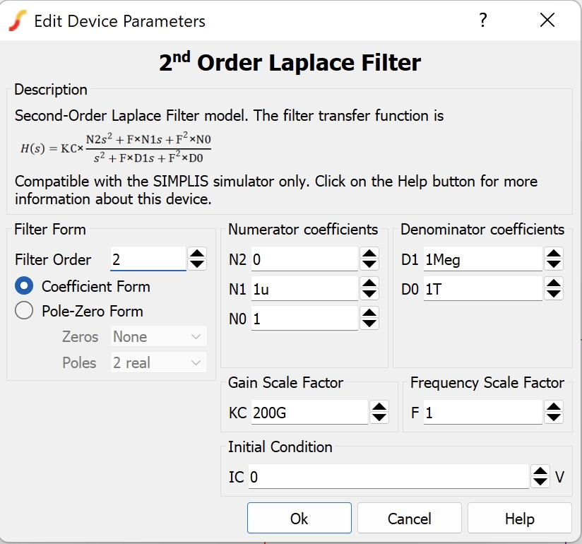 2nd-order Laplace Transfer Function block property for Gig simulation