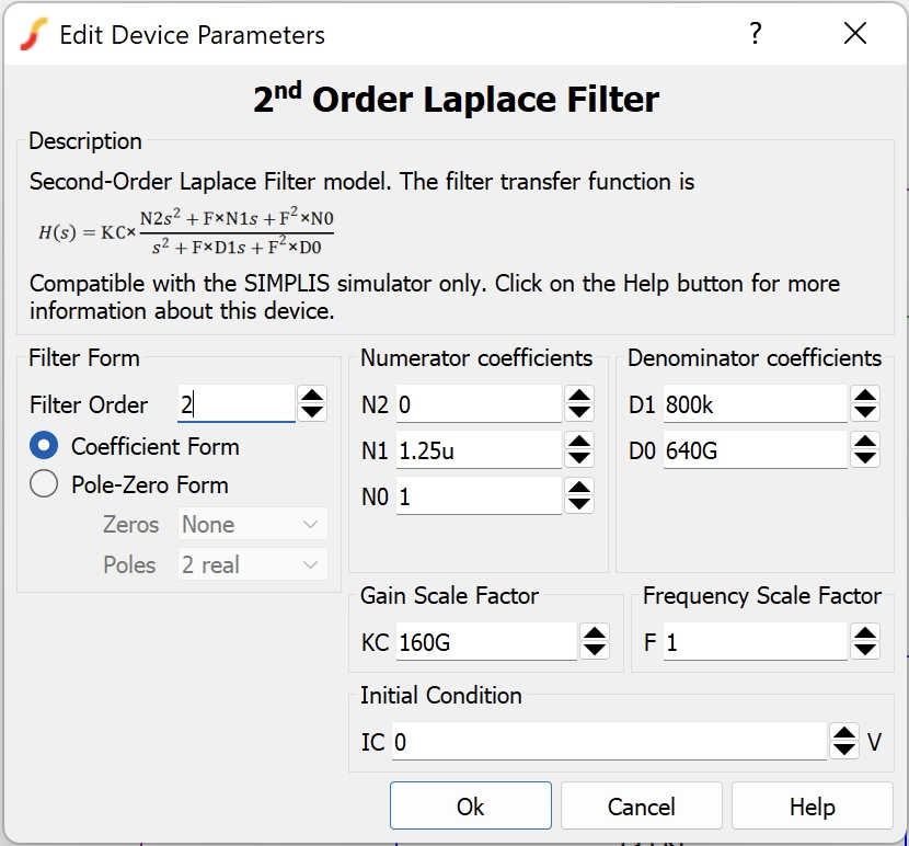 2nd-order Laplace Transfer Function block property for Gig simulation