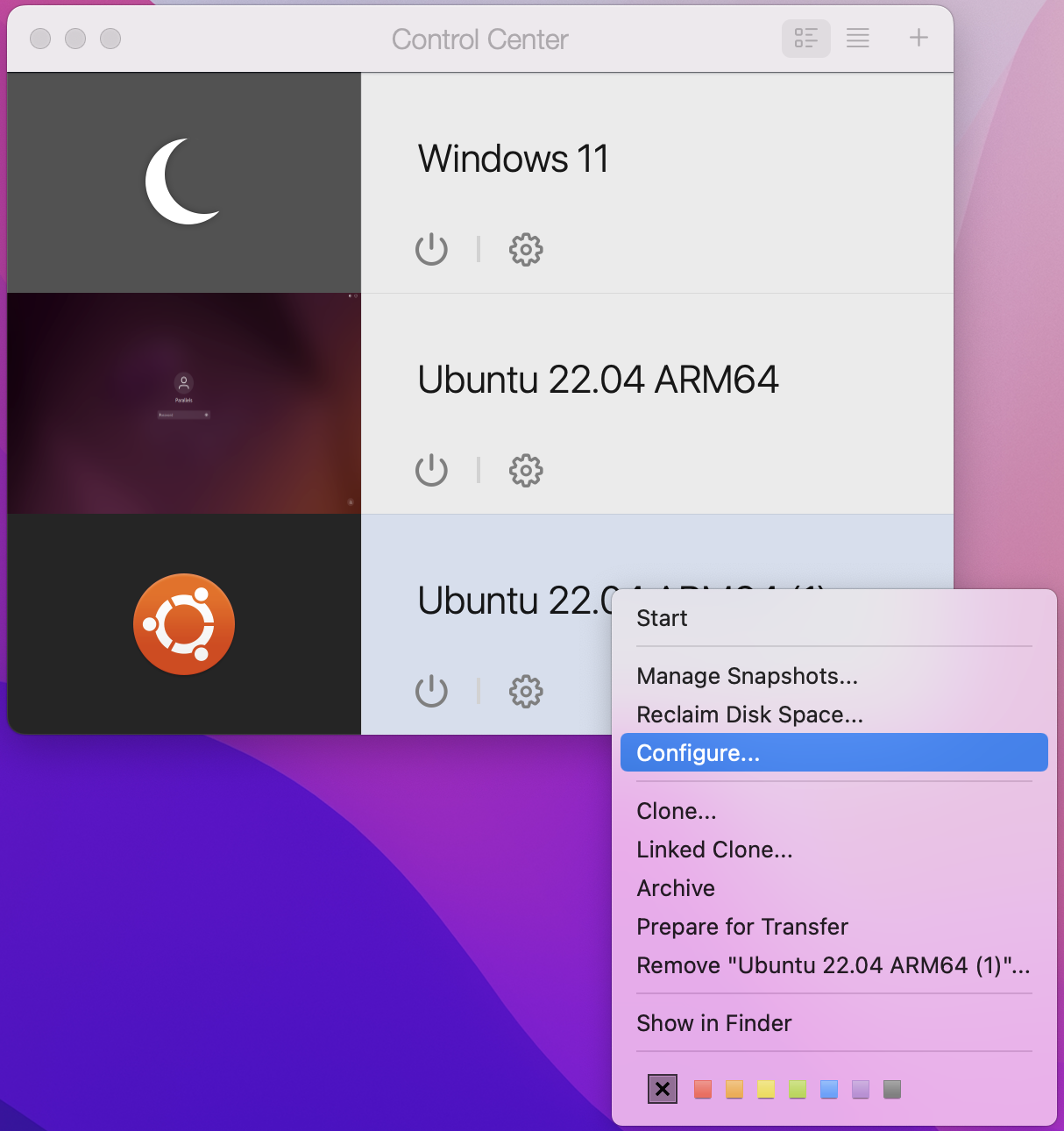 Control center of Parallels Desktop