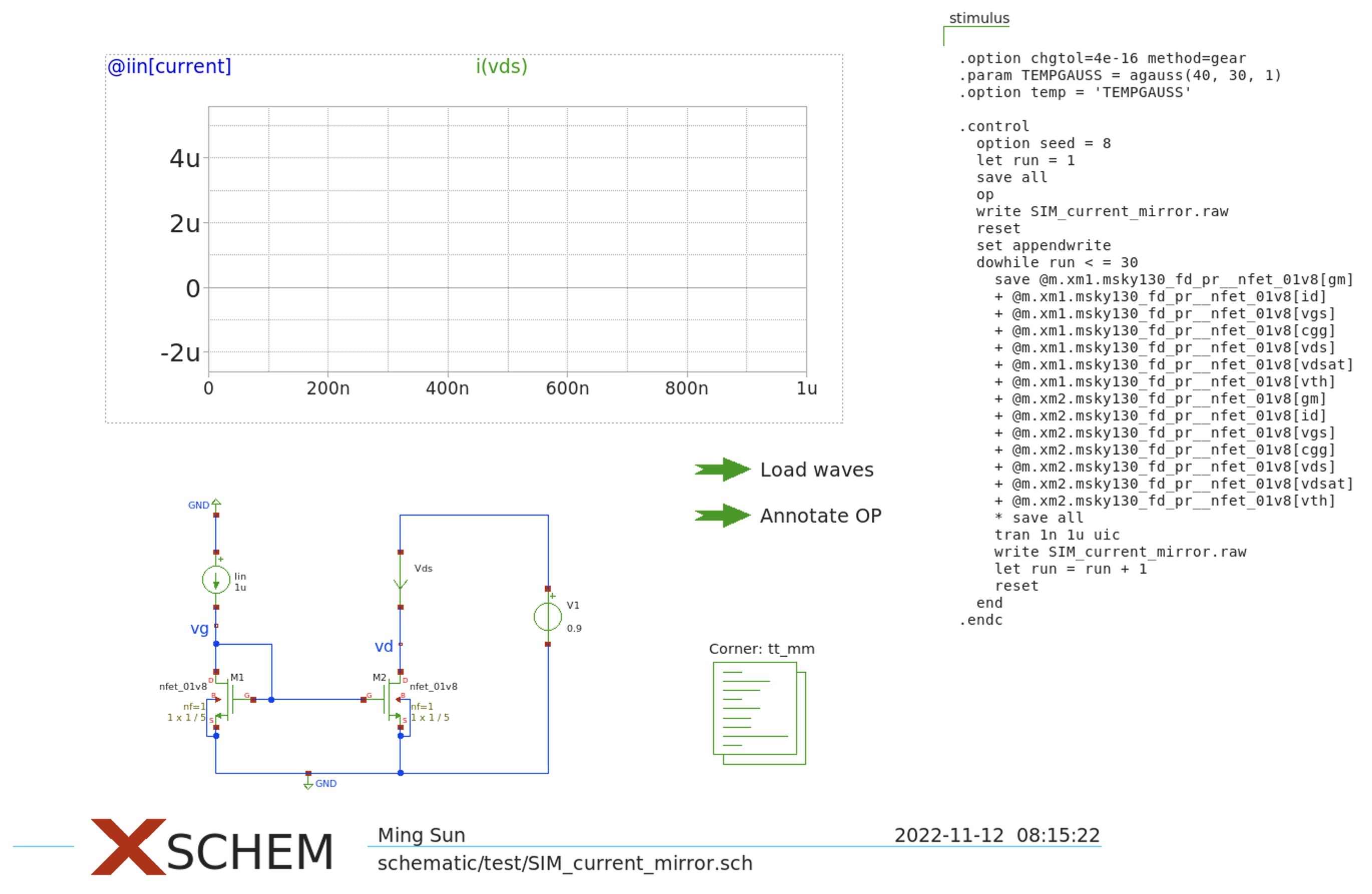 Current mirror test bench for monte carlo simulation