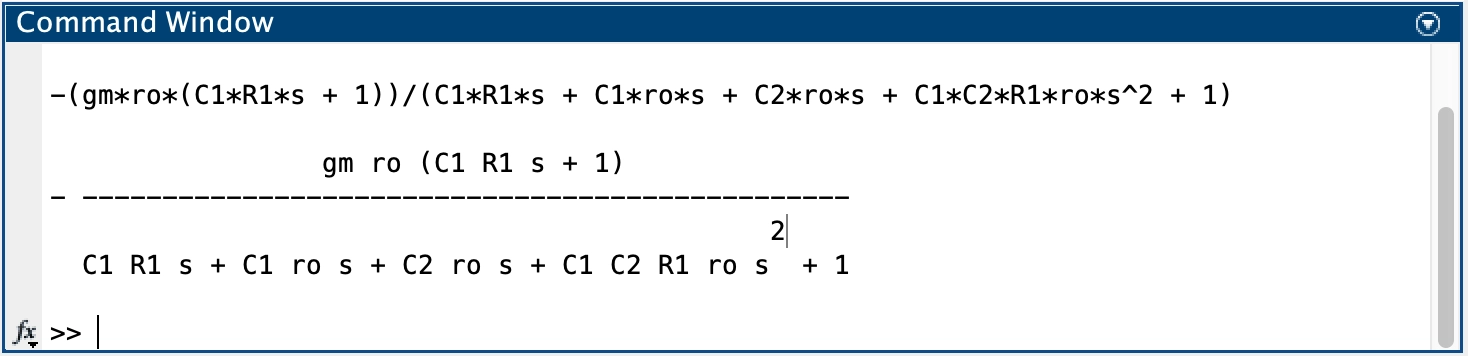 Matlab derived results for Type-II compensator transfer function