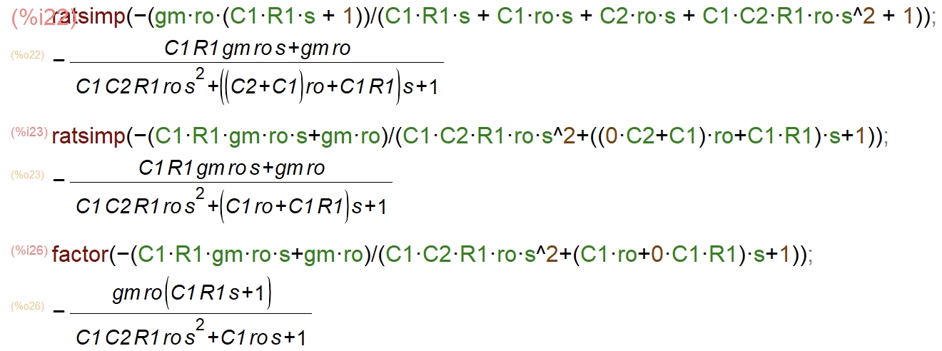 wxMaxima simplified results for Type-II compensator transfer function