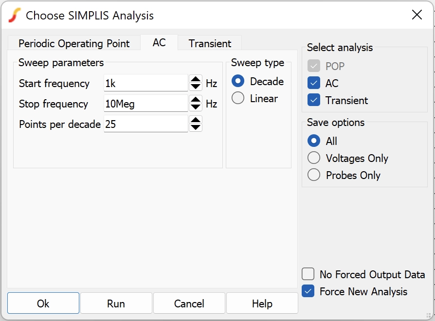 AC analysis settings