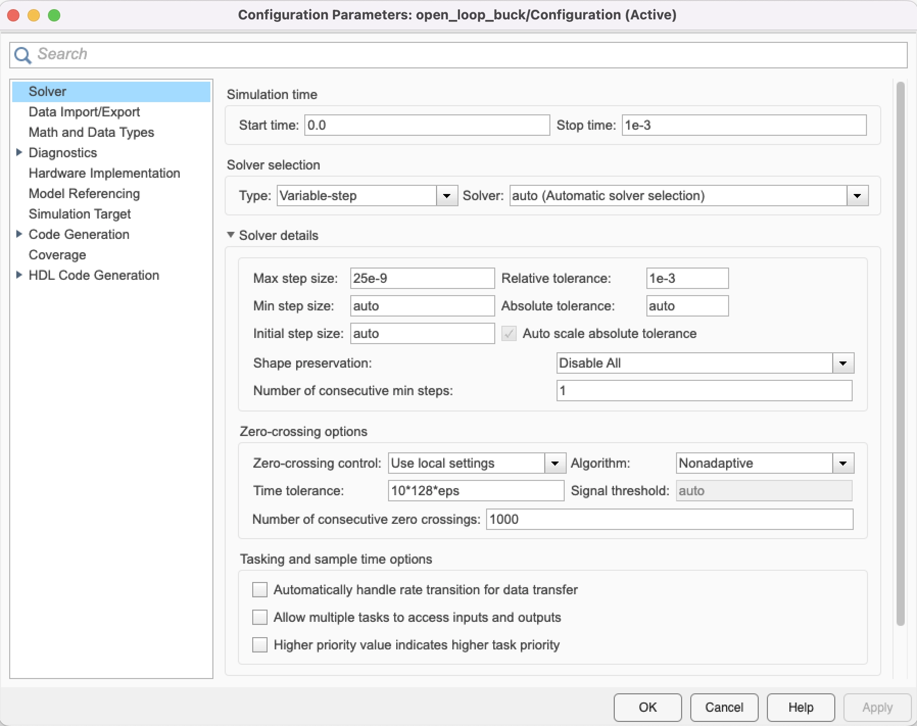 Simulink model settings